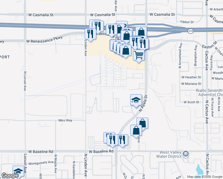 map of restaurants, bars, coffee shops, grocery stores, and more near 1333 Yeager Avenue in Rialto