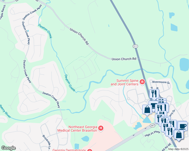 map of restaurants, bars, coffee shops, grocery stores, and more near 5876 Hackberry Lane in Braselton