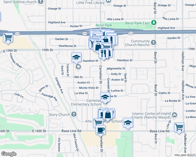 map of restaurants, bars, coffee shops, grocery stores, and more near 6910 Carnelian Street in Rancho Cucamonga