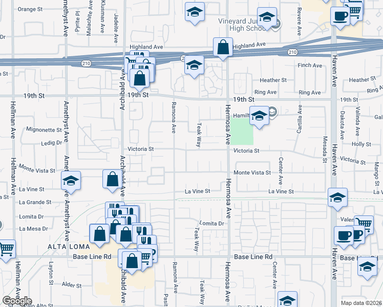 map of restaurants, bars, coffee shops, grocery stores, and more near 9967 Victoria Street in Rancho Cucamonga
