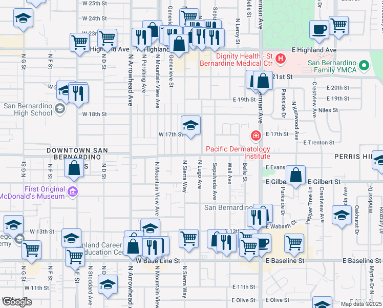 map of restaurants, bars, coffee shops, grocery stores, and more near 1563 North Sierra Way in San Bernardino