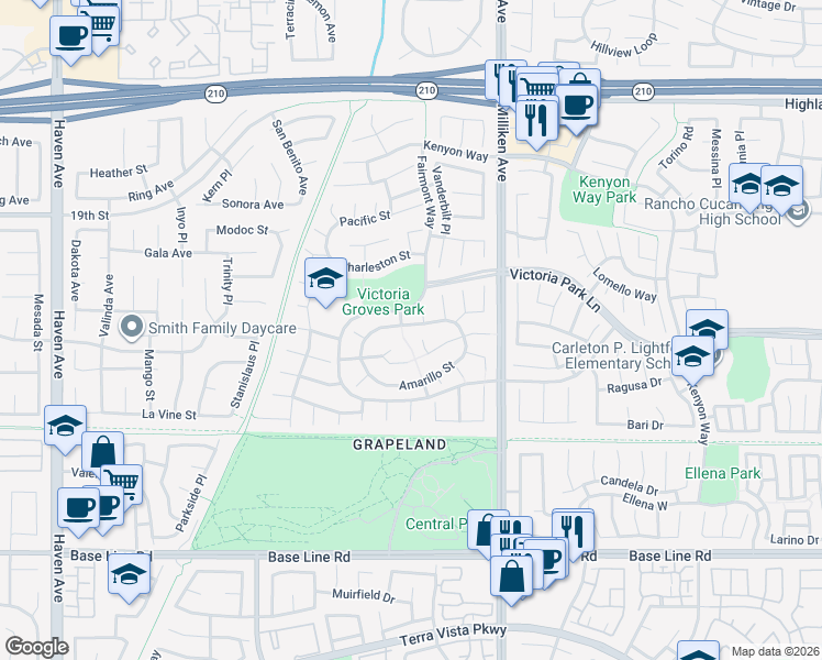 map of restaurants, bars, coffee shops, grocery stores, and more near 11116 Trenton Court in Rancho Cucamonga