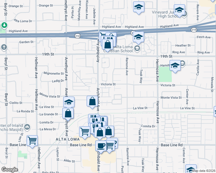 map of restaurants, bars, coffee shops, grocery stores, and more near 6935 Doheny Place in Rancho Cucamonga