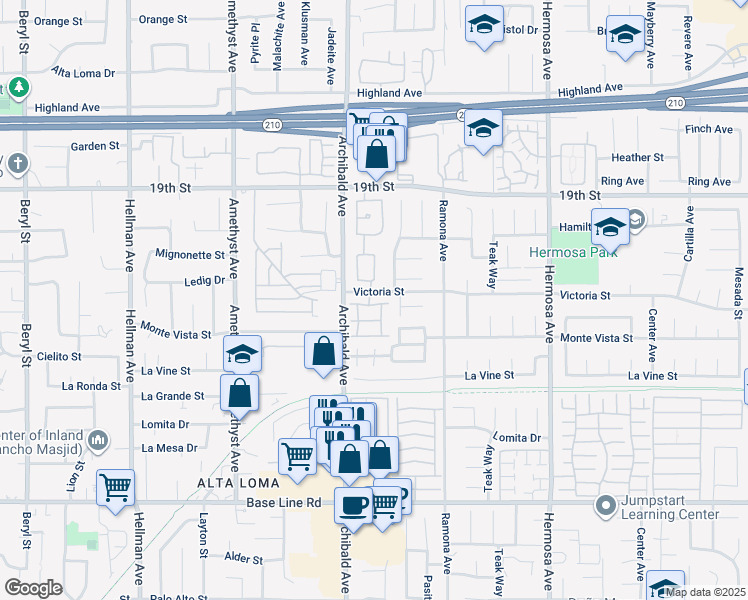 map of restaurants, bars, coffee shops, grocery stores, and more near 6935 Doheny Place in Rancho Cucamonga