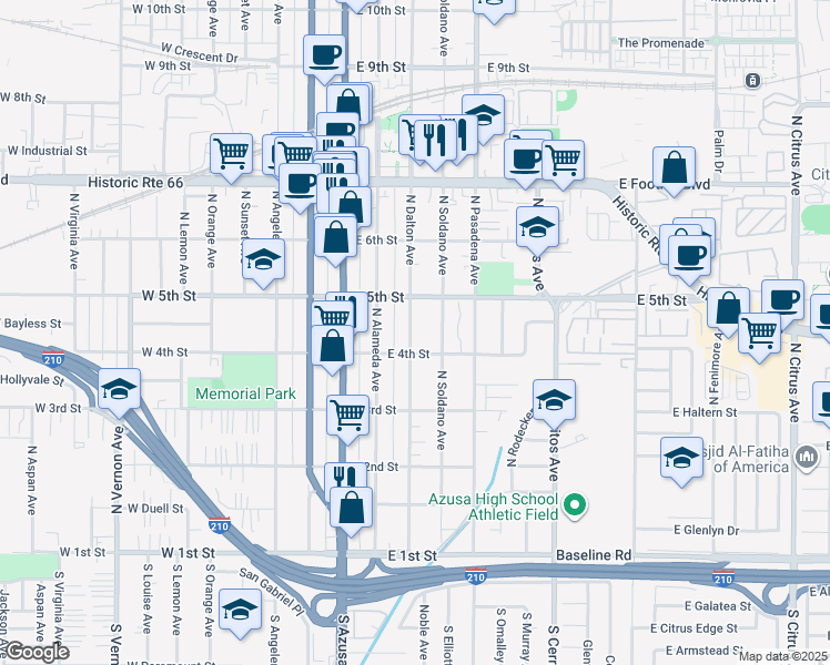 map of restaurants, bars, coffee shops, grocery stores, and more near 328 East 4th Street in Azusa