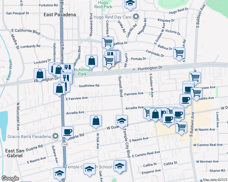 map of restaurants, bars, coffee shops, grocery stores, and more near 1134 Fairview Avenue in Arcadia