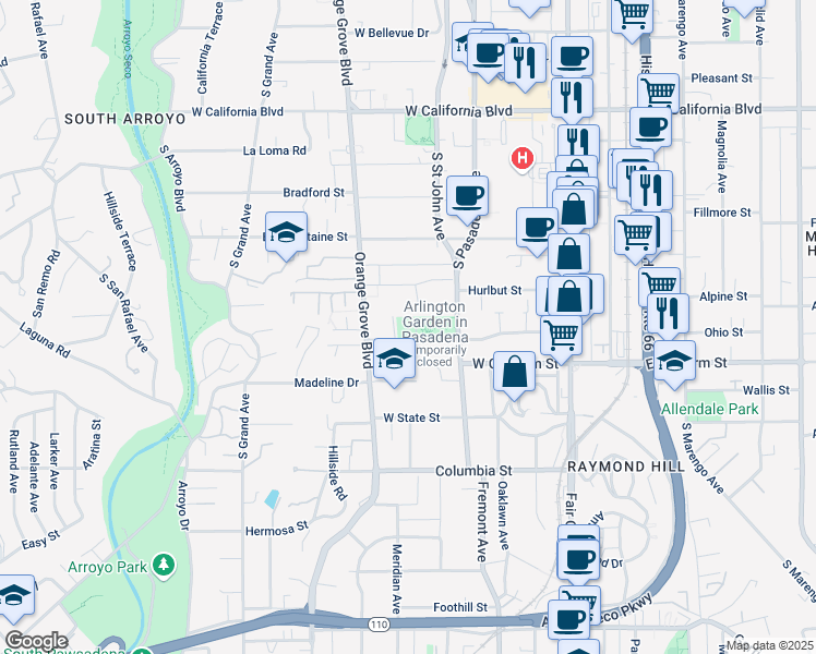 map of restaurants, bars, coffee shops, grocery stores, and more near 300 Arlington Drive in Pasadena