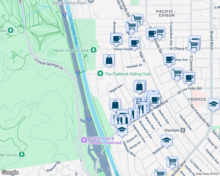 map of restaurants, bars, coffee shops, grocery stores, and more near 4164 Edenhurst Avenue in Los Angeles