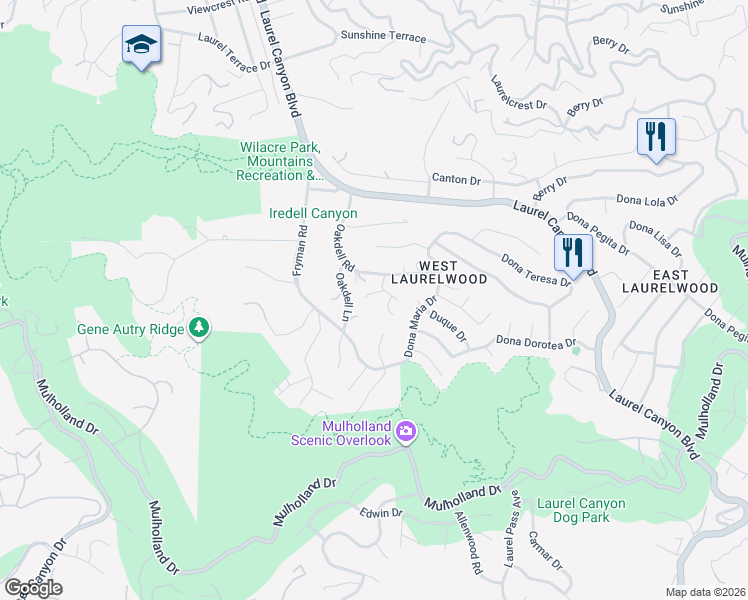 map of restaurants, bars, coffee shops, grocery stores, and more near 11655 Valleycrest Road in Los Angeles