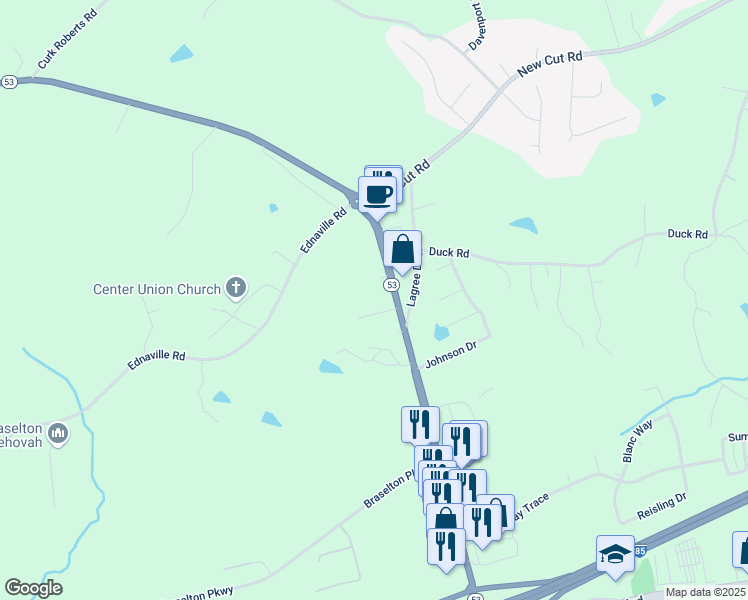map of restaurants, bars, coffee shops, grocery stores, and more near 6529 Highway 53 in Braselton