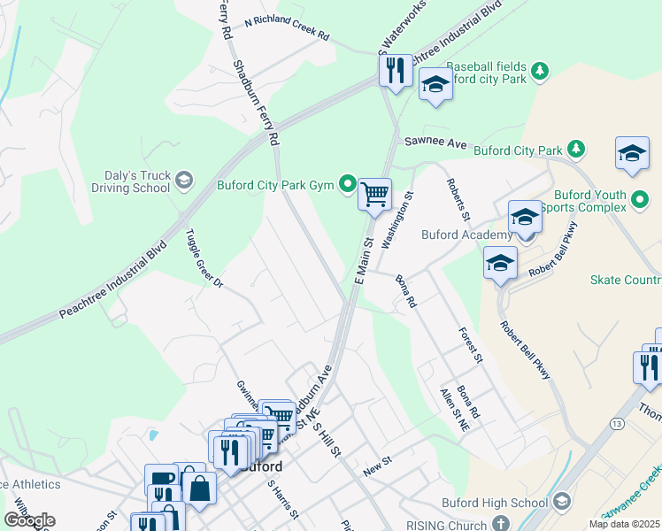 map of restaurants, bars, coffee shops, grocery stores, and more near 157 Shadburn Ferry Road in Buford