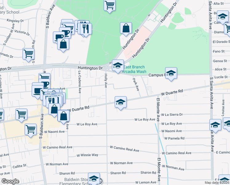 map of restaurants, bars, coffee shops, grocery stores, and more near 339 West Duarte Road in Arcadia