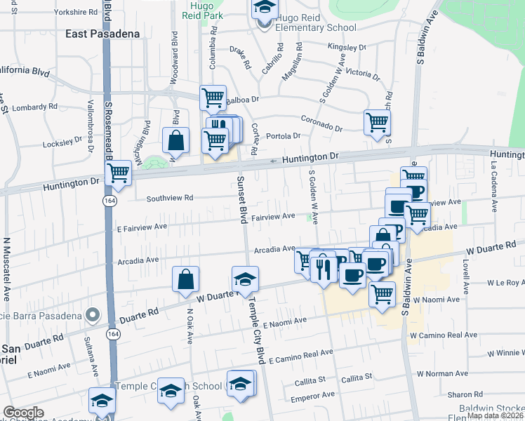 map of restaurants, bars, coffee shops, grocery stores, and more near 1024 Fairview Avenue in Arcadia