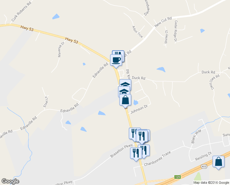 map of restaurants, bars, coffee shops, grocery stores, and more near 6529 Highway 53 in Braselton