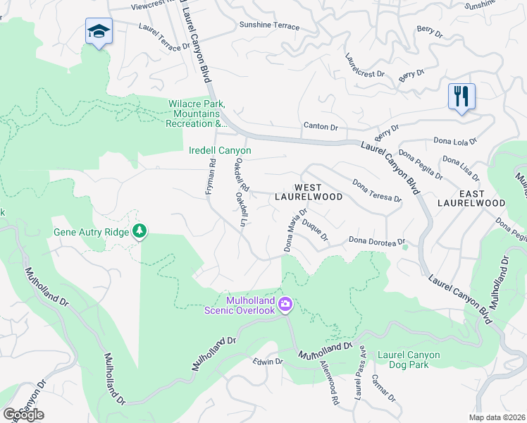 map of restaurants, bars, coffee shops, grocery stores, and more near 11655 Valleycrest Road in Los Angeles