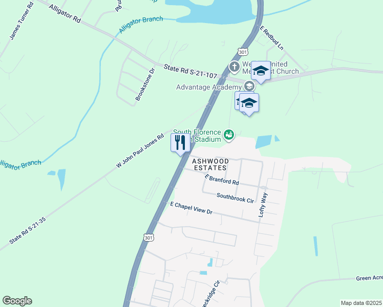 map of restaurants, bars, coffee shops, grocery stores, and more near 107 East Branford Road in Florence