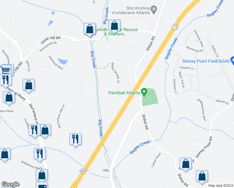 map of restaurants, bars, coffee shops, grocery stores, and more near 5940 Shiloh Woods Drive in Cumming