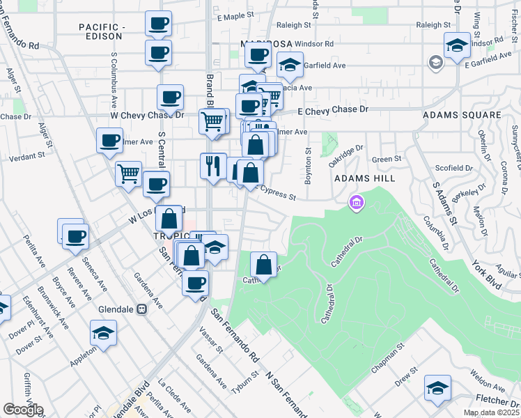 map of restaurants, bars, coffee shops, grocery stores, and more near 319 Roads End Street in Glendale