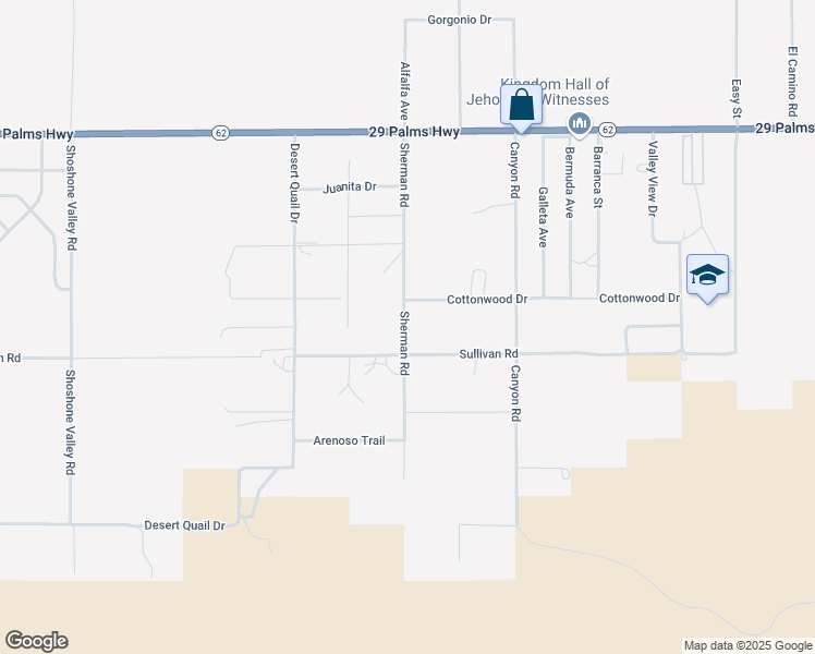 map of restaurants, bars, coffee shops, grocery stores, and more near 6851 Sherman Road in Twentynine Palms
