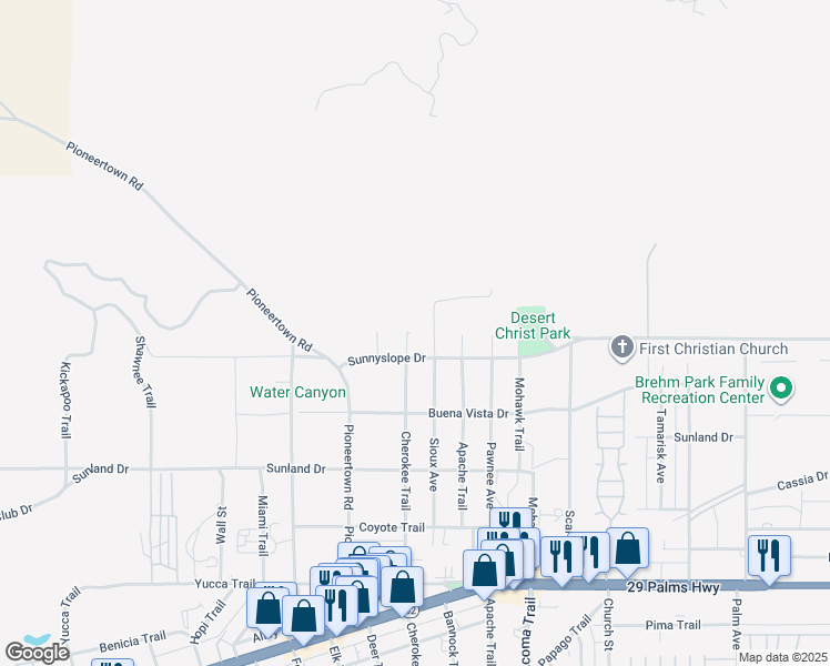map of restaurants, bars, coffee shops, grocery stores, and more near 55914 Sunnyslope Drive in Yucca Valley