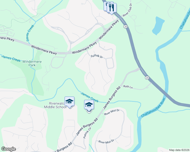 map of restaurants, bars, coffee shops, grocery stores, and more near 3265 Seven Oaks Drive in Cumming