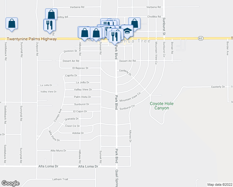 map of restaurants, bars, coffee shops, grocery stores, and more near Park Boulevard & Valley View Circle in Joshua Tree