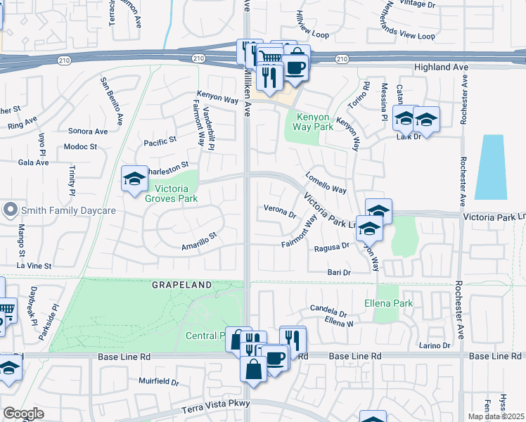 map of restaurants, bars, coffee shops, grocery stores, and more near 11345 Verona Drive in Rancho Cucamonga