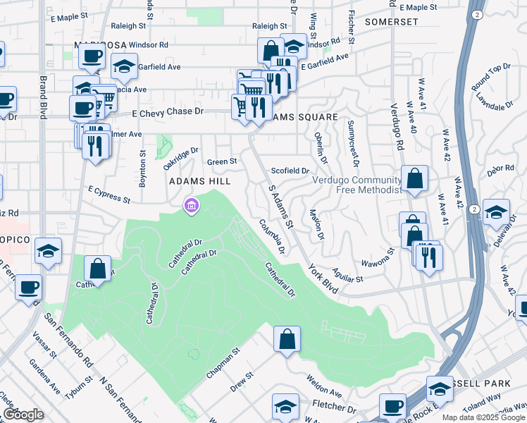 map of restaurants, bars, coffee shops, grocery stores, and more near 1345 Cambridge Drive in Glendale