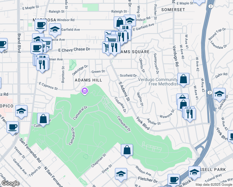 map of restaurants, bars, coffee shops, grocery stores, and more near 1345 Cambridge Drive in Glendale