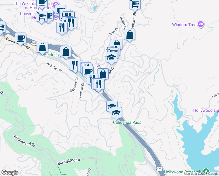 map of restaurants, bars, coffee shops, grocery stores, and more near 3121 Hollycrest Drive in Los Angeles