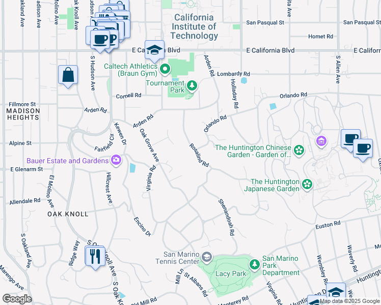 map of restaurants, bars, coffee shops, grocery stores, and more near 999 Rosalind Road in San Marino