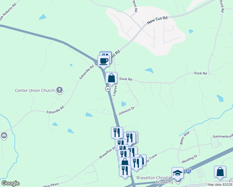 map of restaurants, bars, coffee shops, grocery stores, and more near 74 Lagree Duck Road in Braselton