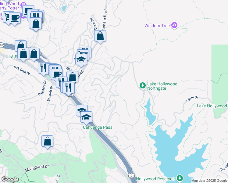 map of restaurants, bars, coffee shops, grocery stores, and more near 3314 Wonder View Drive in Los Angeles