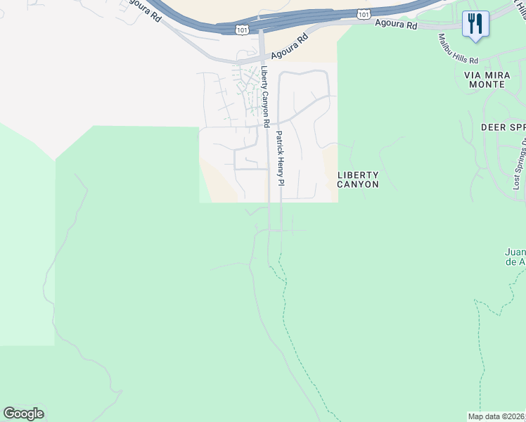 map of restaurants, bars, coffee shops, grocery stores, and more near 3635 Liberty Canyon Road in Agoura Hills