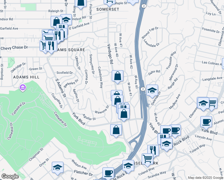 map of restaurants, bars, coffee shops, grocery stores, and more near 3205 Shasta Circle South in Los Angeles