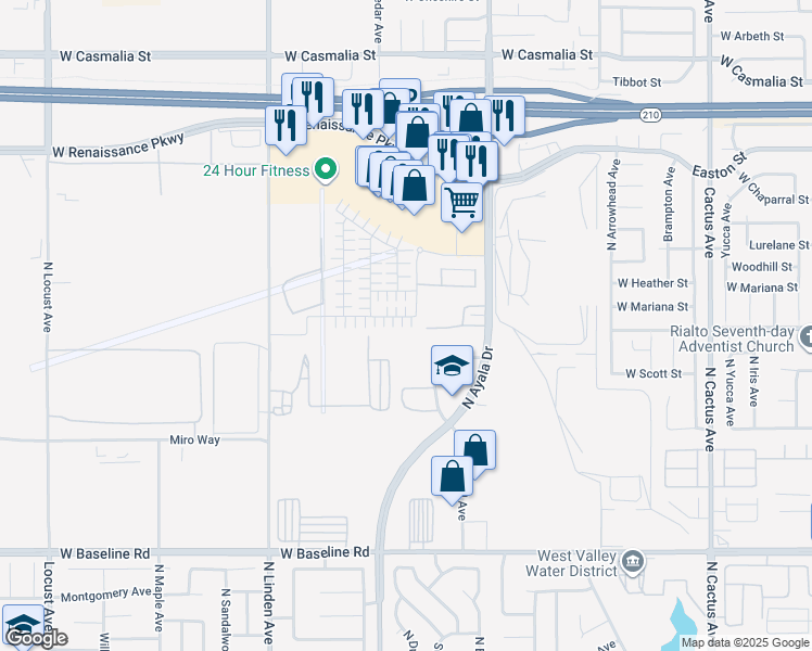 map of restaurants, bars, coffee shops, grocery stores, and more near 1209 Yeager Avenue in Rialto