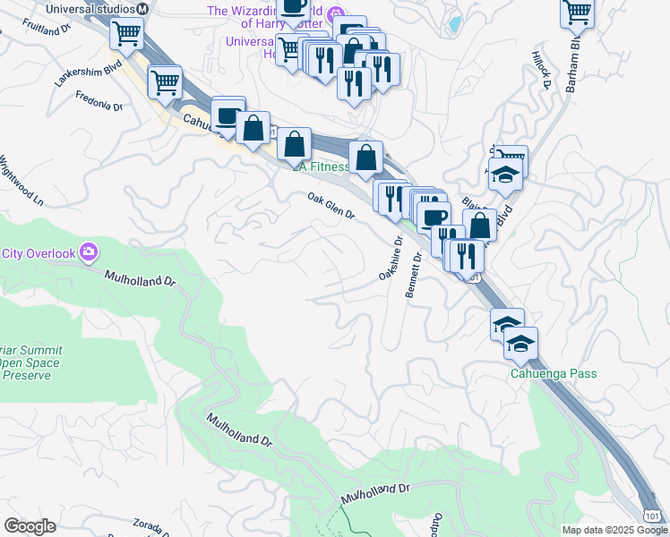 map of restaurants, bars, coffee shops, grocery stores, and more near 3435 Adina Drive in Los Angeles