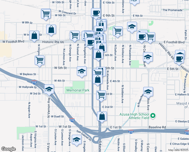 map of restaurants, bars, coffee shops, grocery stores, and more near 437 North San Gabriel Avenue in Azusa