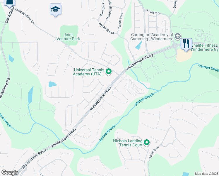map of restaurants, bars, coffee shops, grocery stores, and more near Windermere Parkway in Cumming