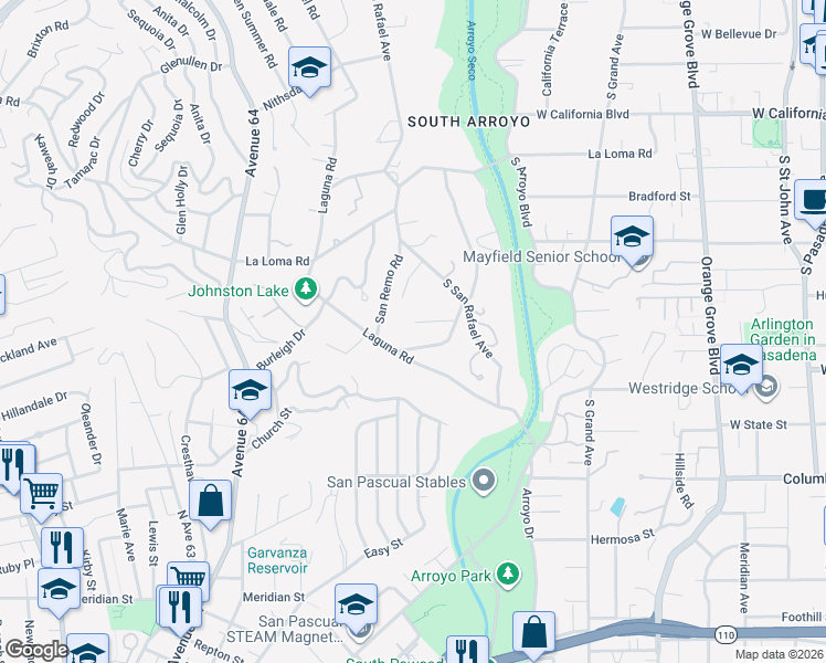 map of restaurants, bars, coffee shops, grocery stores, and more near 980 Mesa Verde Road in Pasadena
