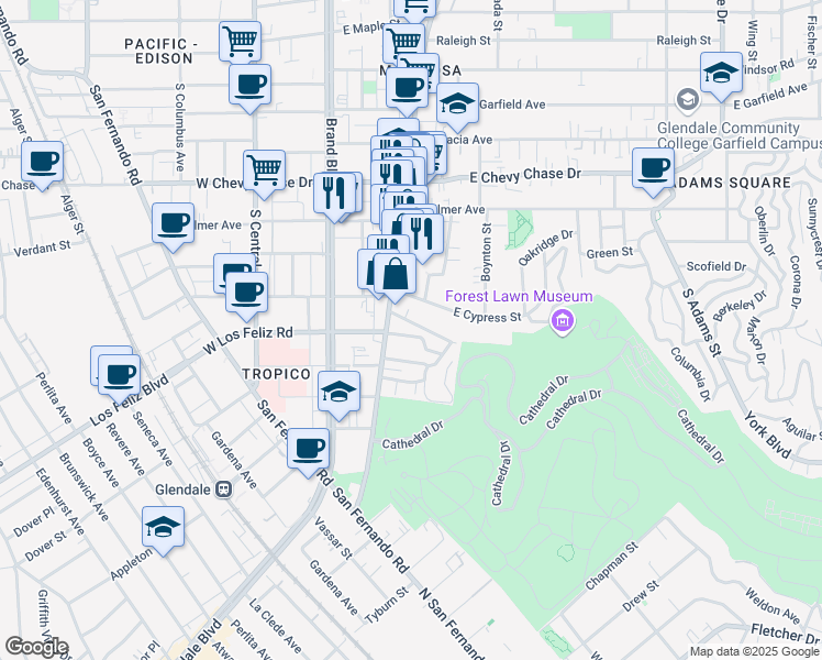 map of restaurants, bars, coffee shops, grocery stores, and more near 319 Roads End Street in Glendale