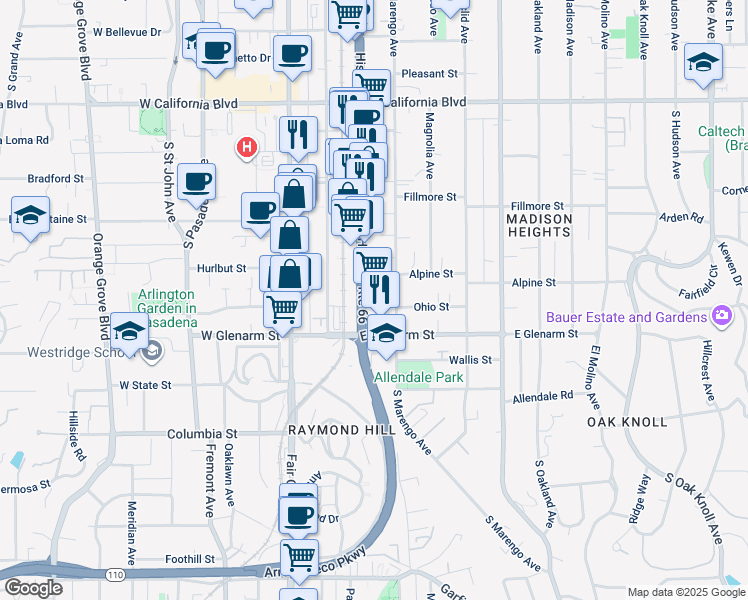 map of restaurants, bars, coffee shops, grocery stores, and more near 951 South Arroyo Parkway in Pasadena