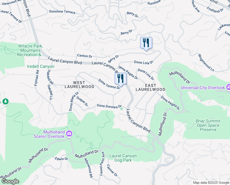 map of restaurants, bars, coffee shops, grocery stores, and more near 11308 Dona Teresa Drive in Los Angeles