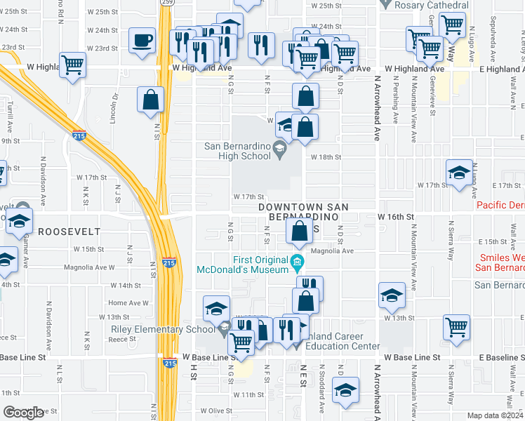 map of restaurants, bars, coffee shops, grocery stores, and more near 619 West 17th Street in San Bernardino