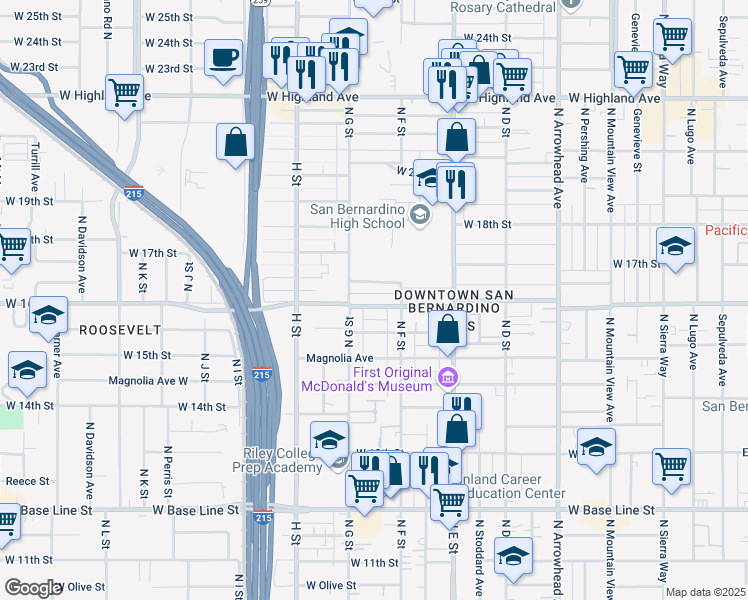 map of restaurants, bars, coffee shops, grocery stores, and more near 619 West 17th Street in San Bernardino