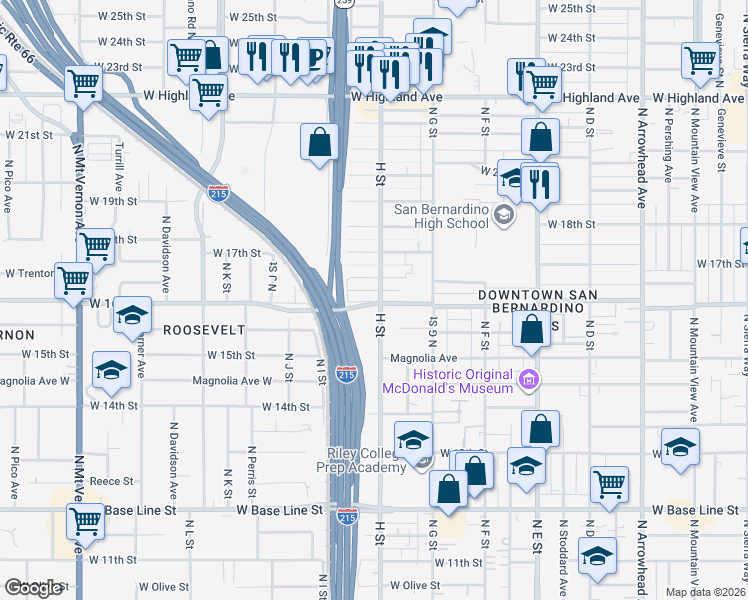 map of restaurants, bars, coffee shops, grocery stores, and more near 821 West Trenton Street in San Bernardino