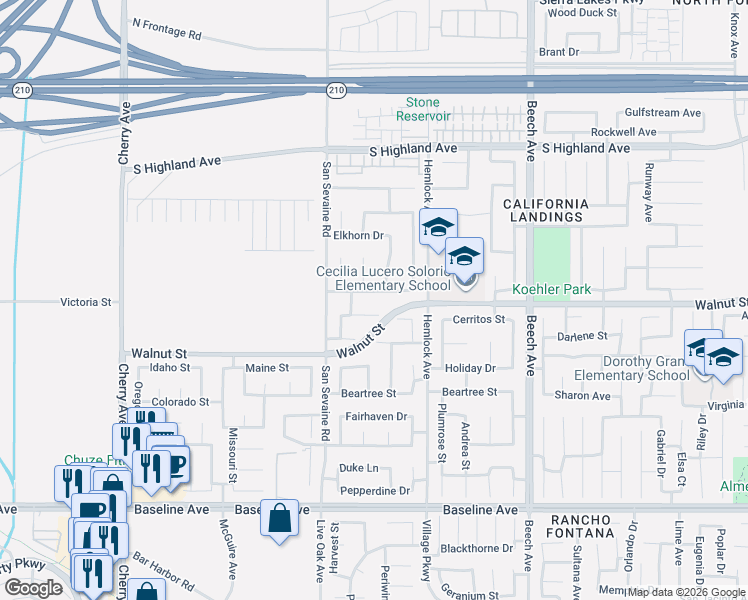map of restaurants, bars, coffee shops, grocery stores, and more near 6845 Lucero Drive in Fontana