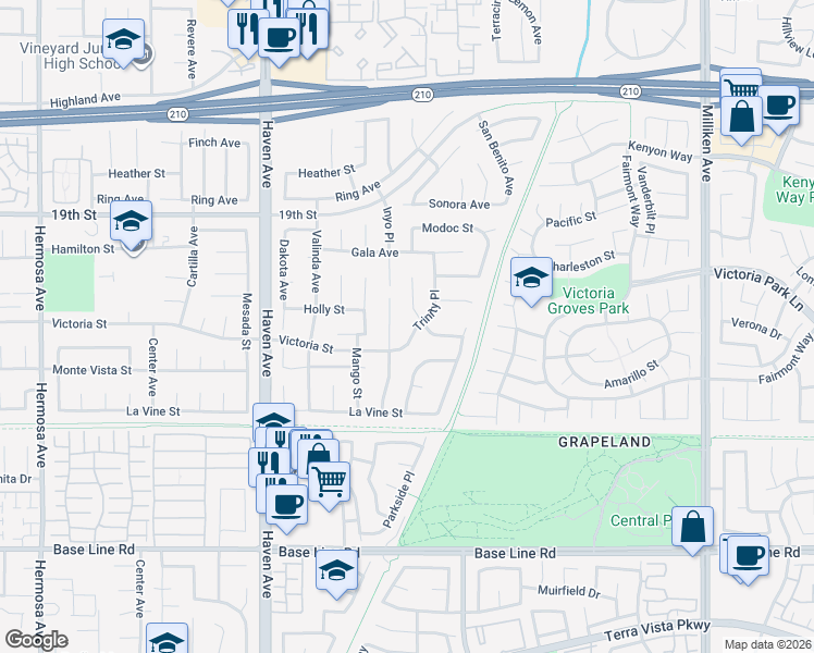 map of restaurants, bars, coffee shops, grocery stores, and more near 6857 Nevada Court in Rancho Cucamonga