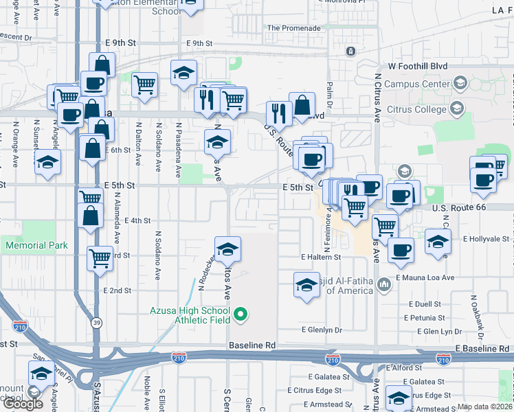 map of restaurants, bars, coffee shops, grocery stores, and more near 680 East 5th Street in Azusa