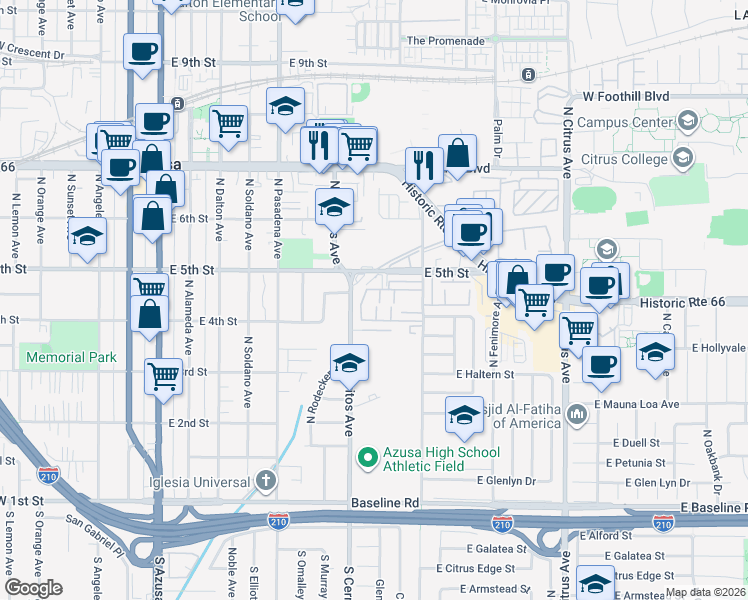map of restaurants, bars, coffee shops, grocery stores, and more near 644 East Lee Place in Azusa